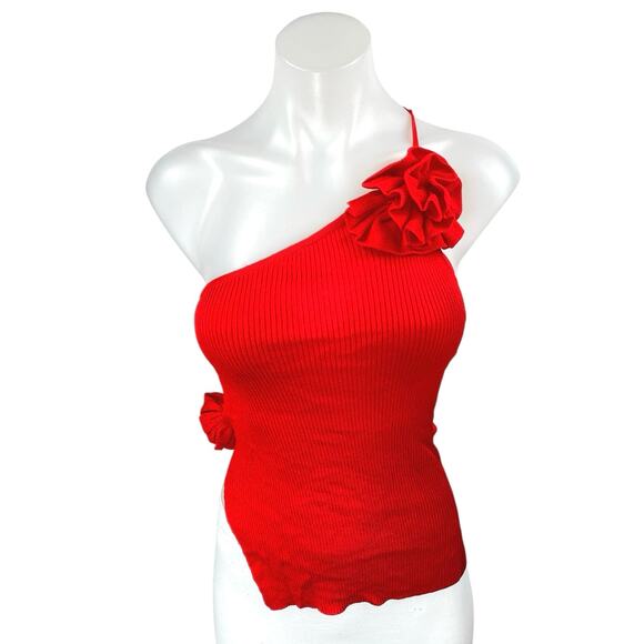 NIA Marais Red Ribbed Knit One Shoulder 3D Floral Sleeveless Cami Blouse Top M - Picture 1 of 6